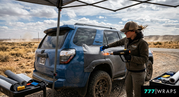 Installer heat-gunning a vehicle wrap outdoors in windy, dusty conditions
