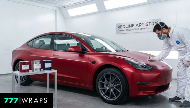 Technician spray painting a Tesla red in a paint booth with paint cans