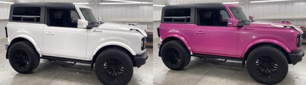 Before and after pink color change wrap on a Ford Bronco by 777 Wraps in Amarillo, Texas.