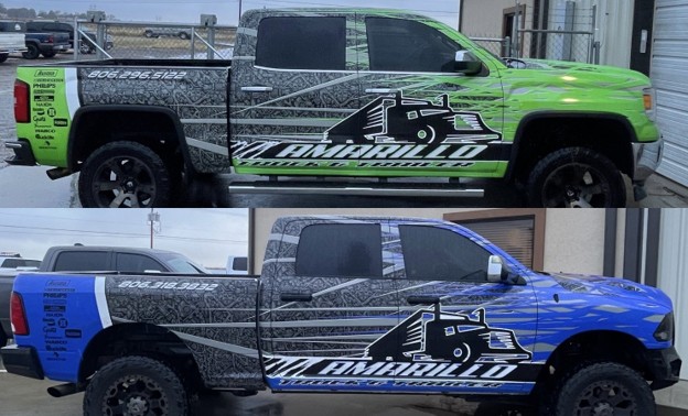 Two custom vinyl wrap designs on a work truck by 777 Wraps in Amarillo, Texas.